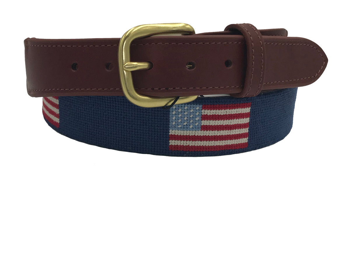 Hand-stitched American flag needlepoint belt with leather and brass buckle, view 5