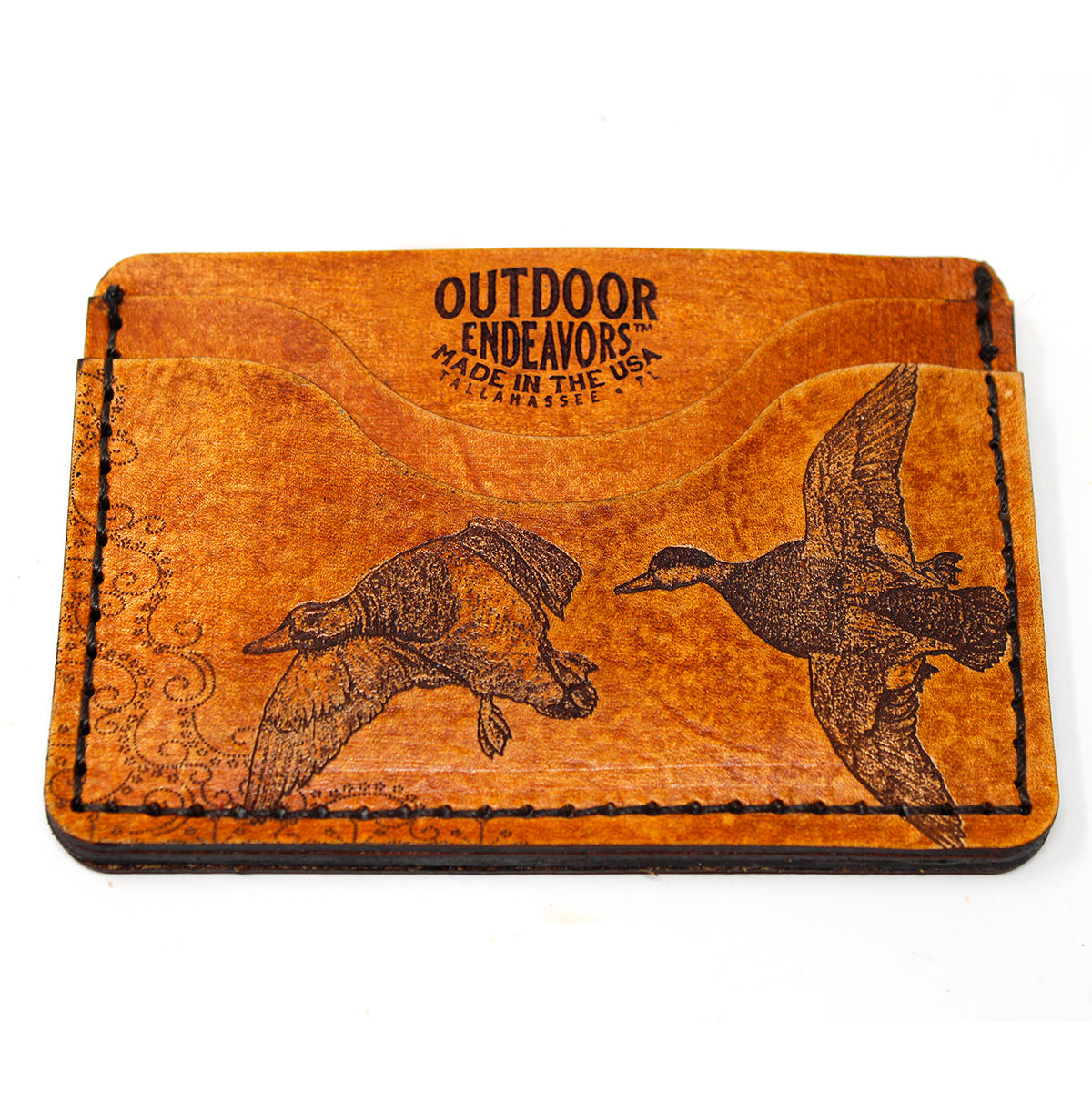 Leather card wallet with etched mallard ducks, handmade in Florida