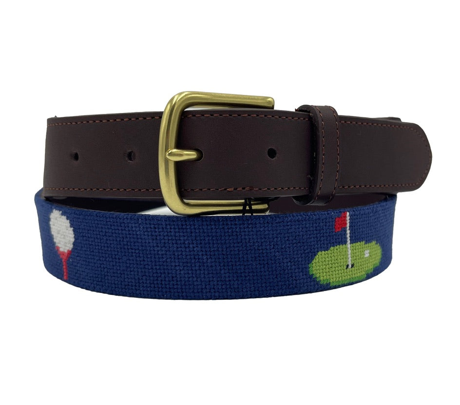 Navy hand-stitched needlepoint belt with golf motifs and a gator, view 4