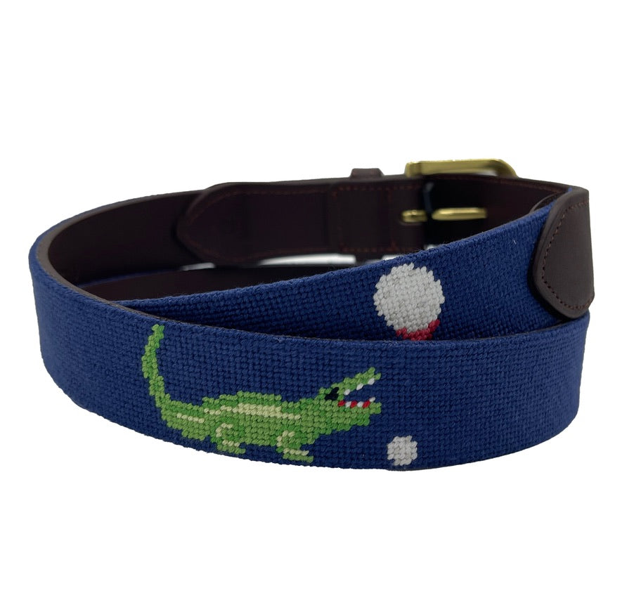 Navy hand-stitched needlepoint belt with golf motifs and a gator, view 5