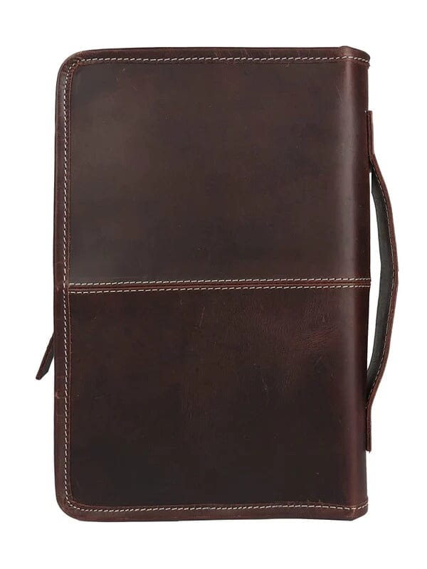 Chocolate buffalo leather Bible cover with handle and zipper, view 6