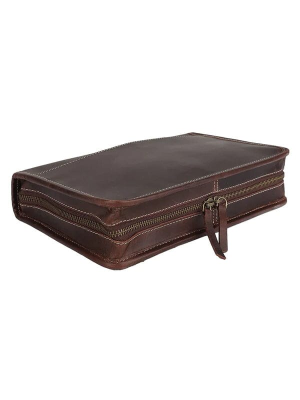 Chocolate buffalo leather Bible cover with handle and zipper, view 3