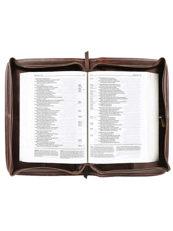 Chocolate buffalo leather Bible cover with handle and zipper, view 5