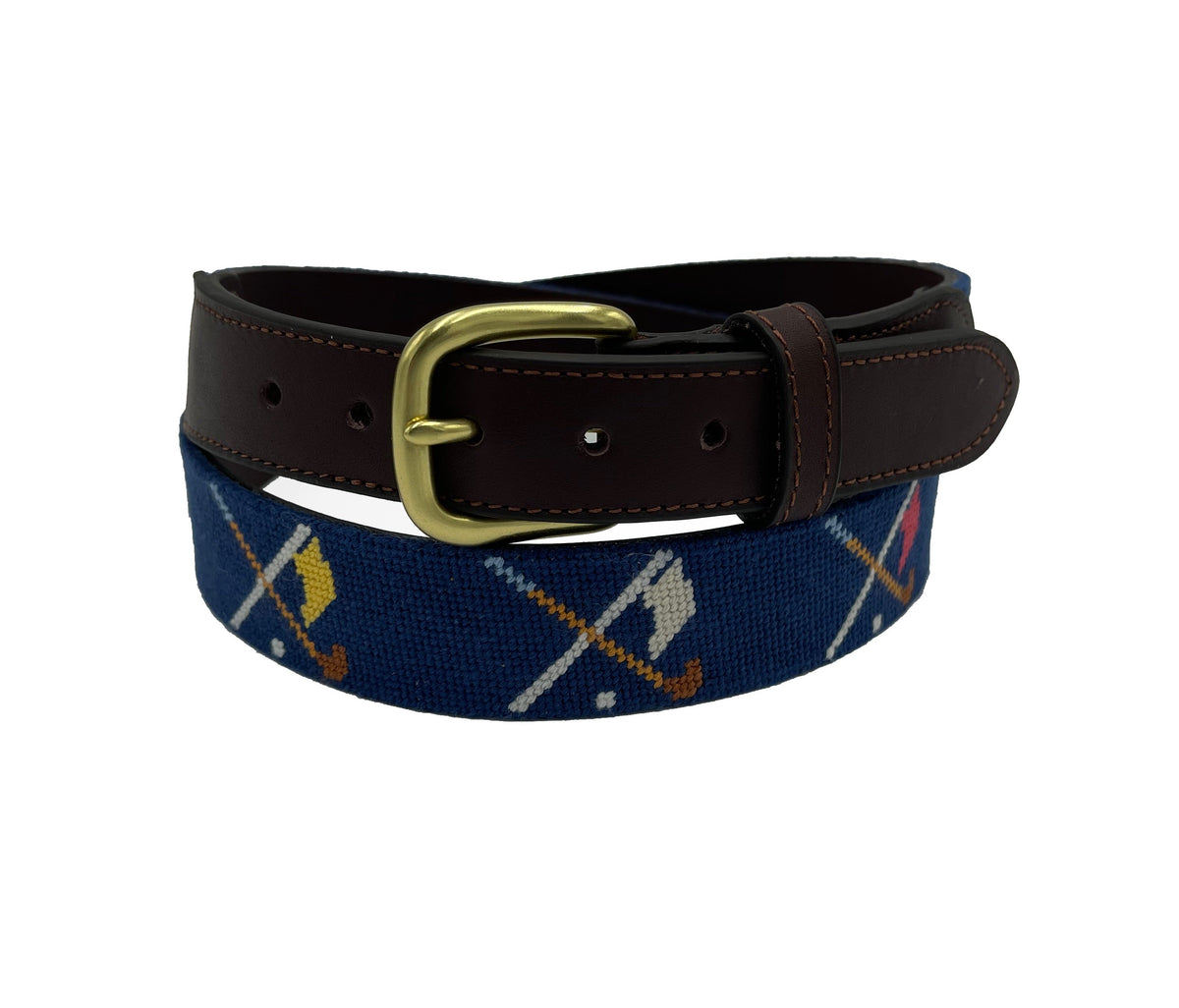 Needlepoint belt with crossed golf clubs and flags, view 5