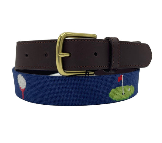 Navy hand-stitched needlepoint belt with golf motifs and a gator, view 4