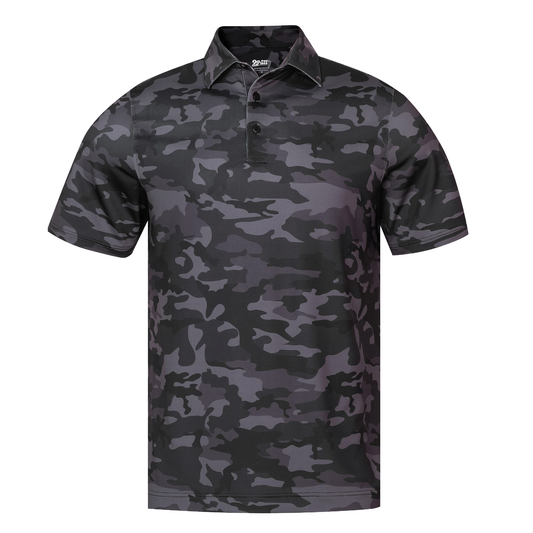 Black camo men's performance golf polo, view 3