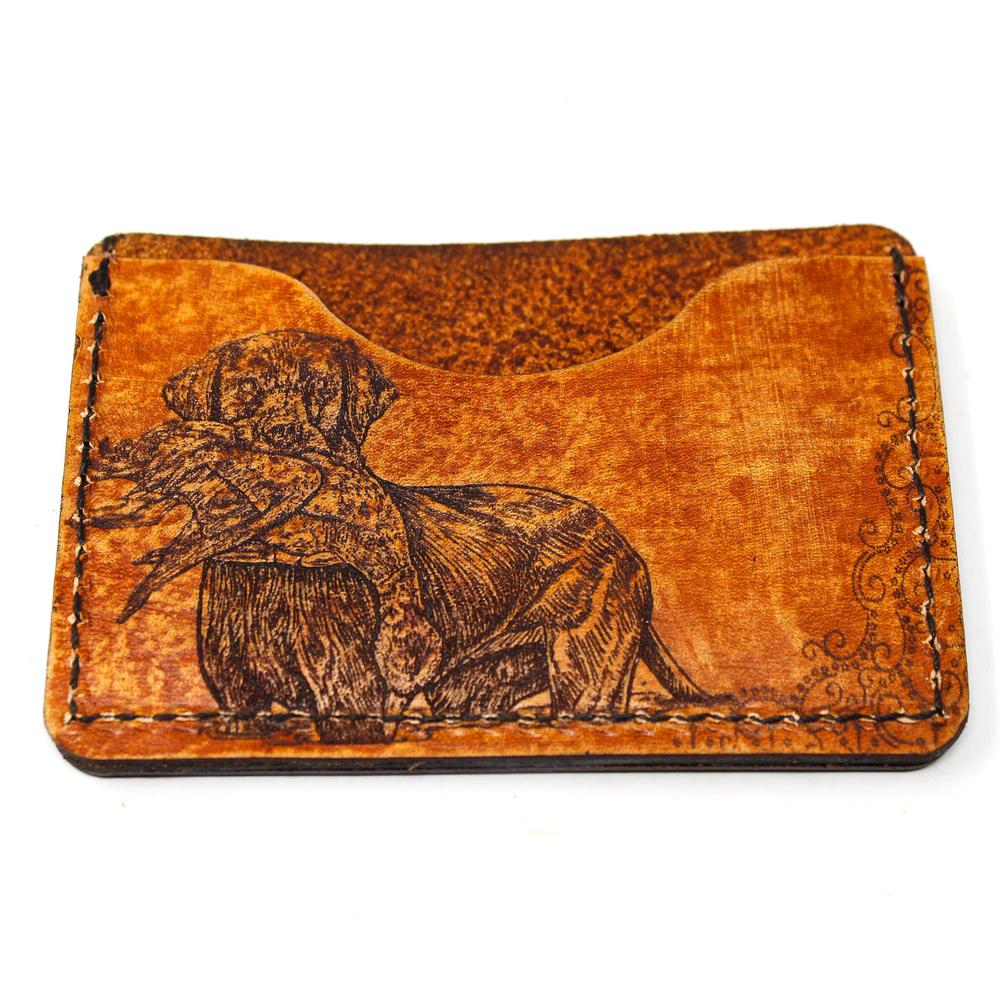 Leather card wallet with etched mallard ducks, handmade in Florida, view 2