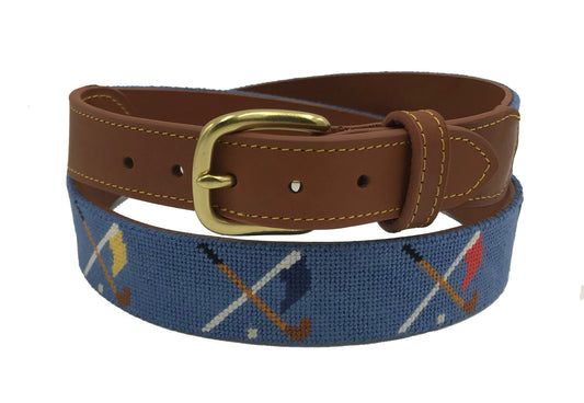 Needlepoint belt with crossed golf clubs and flags