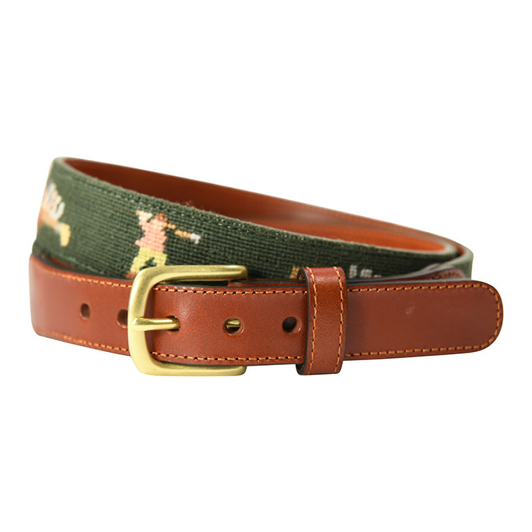 Hunter green needlepoint golf belt with vintage clubs