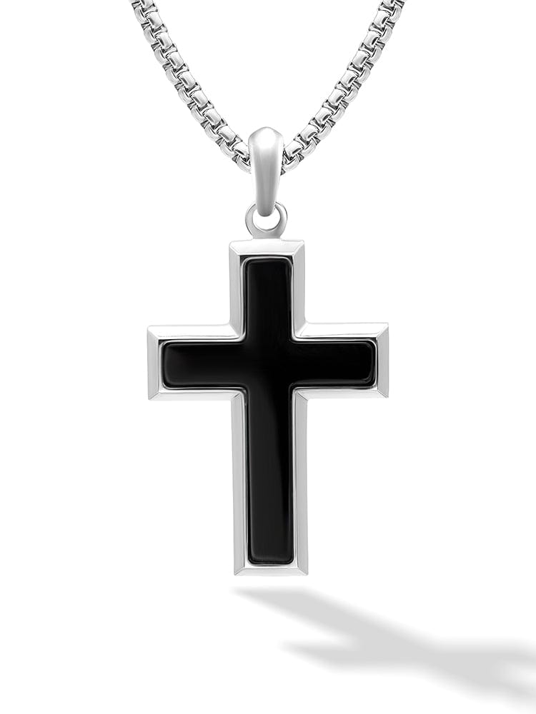 Black onyx cross pendant necklace for men on stainless steel chain