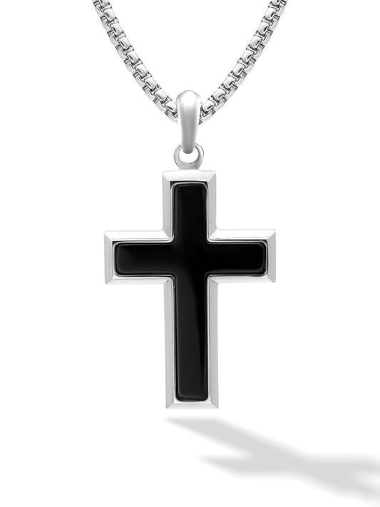 Black onyx cross pendant necklace for men on stainless steel chain