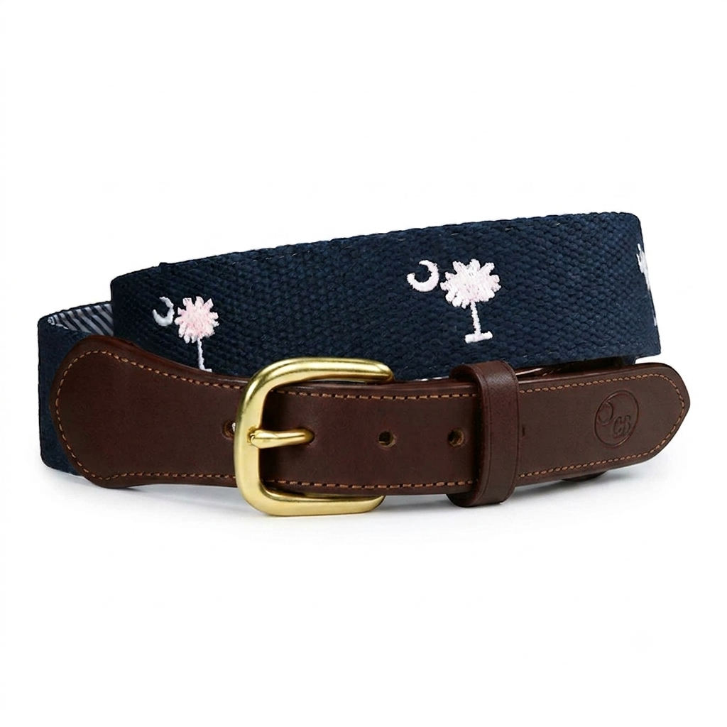 Navy cotton web belt with palmetto tree and crescent moon, view 9