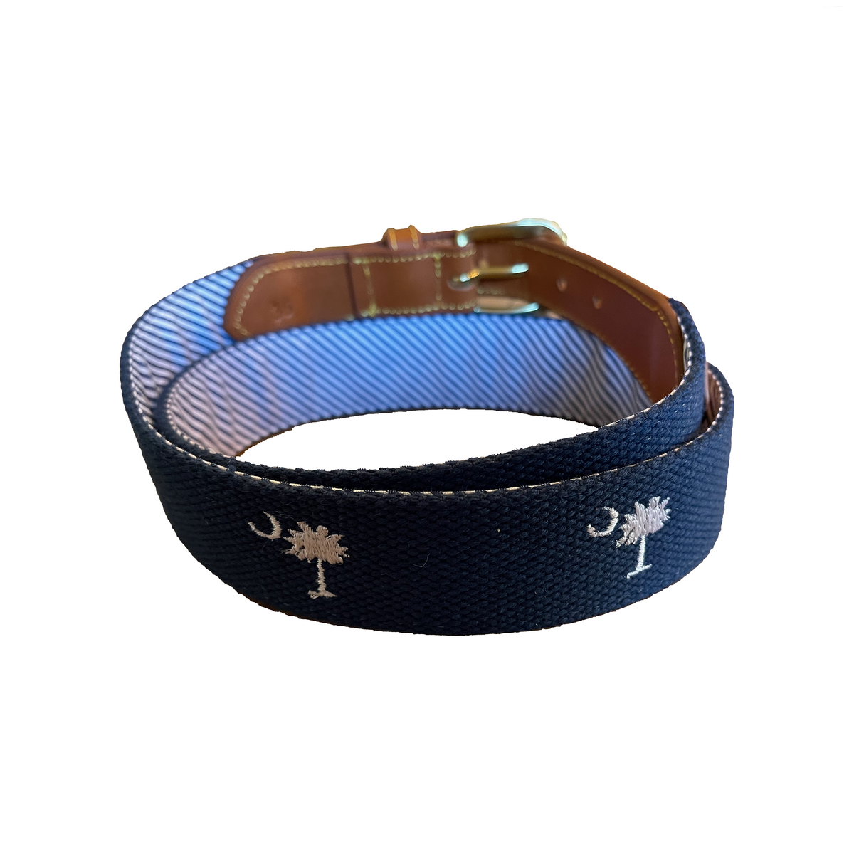 Navy cotton web belt with palmetto tree and crescent moon, view 6