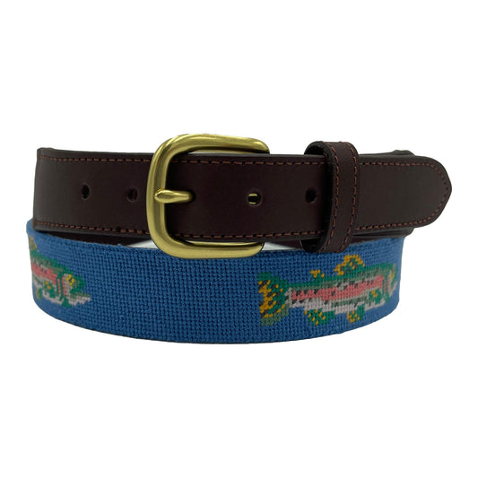 Hand-stitched speckled trout needlepoint belt with leather and brass buckle