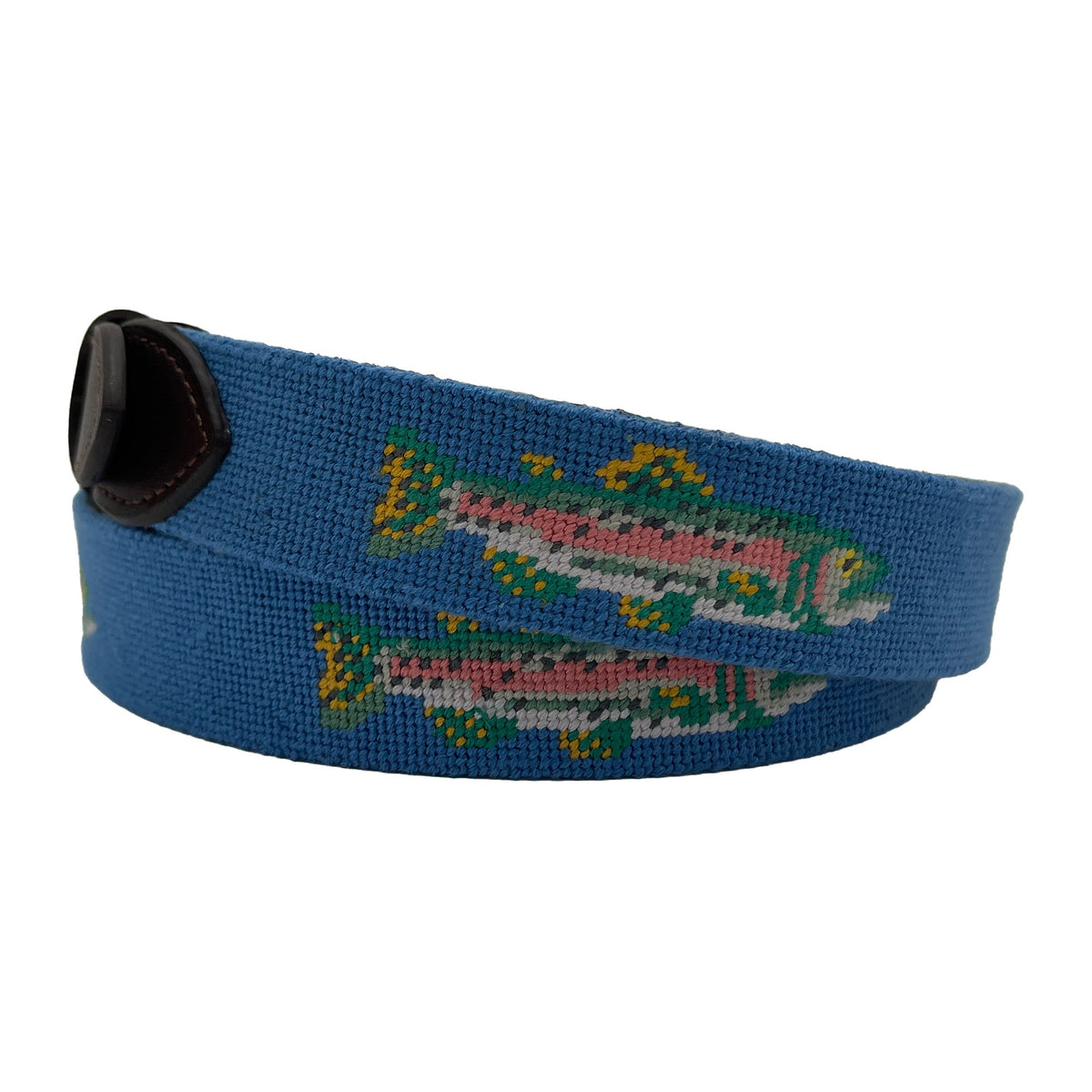 Hand-stitched speckled trout needlepoint belt with leather and brass buckle, view 2