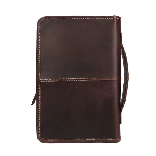 Chocolate buffalo leather Bible cover with handle and zipper