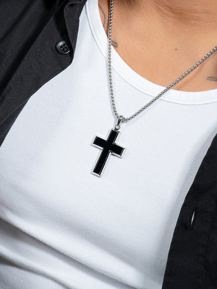 Black onyx cross pendant necklace for men on stainless steel chain, view 8