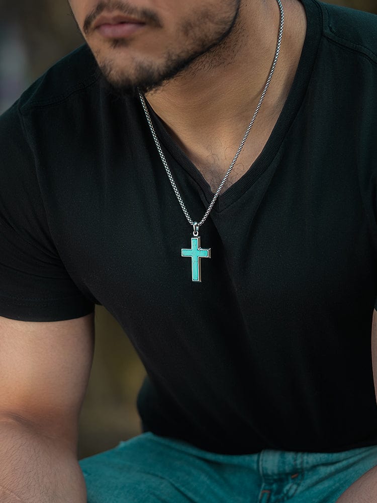Turquoise cross pendant necklace for men on stainless steel chain, view 2