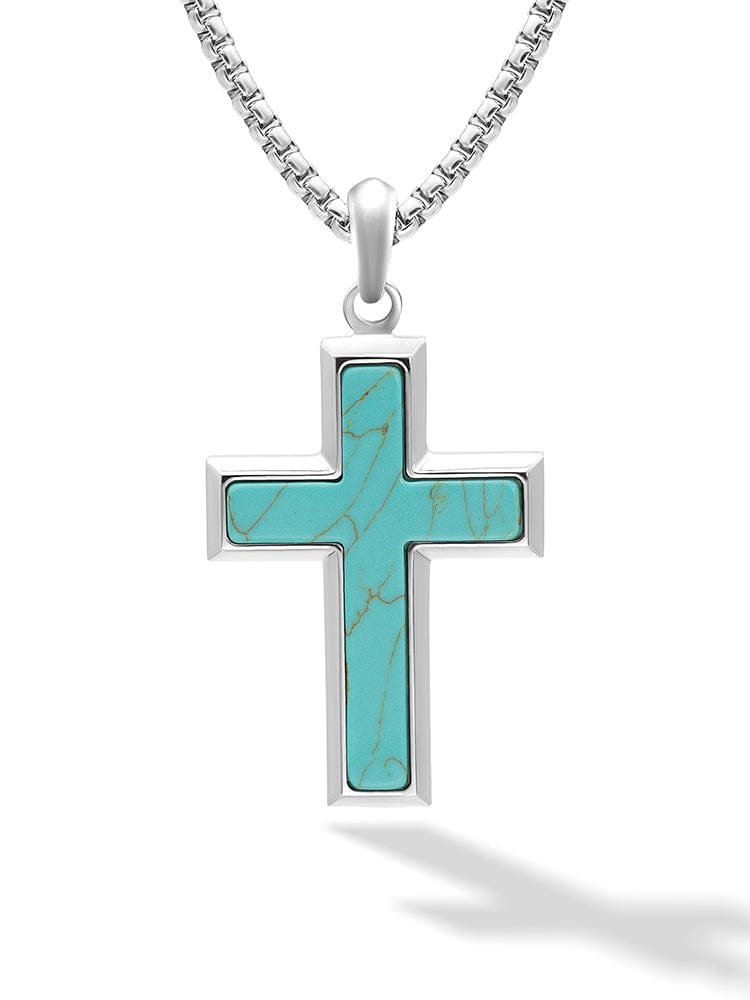 Turquoise cross pendant necklace for men on stainless steel chain