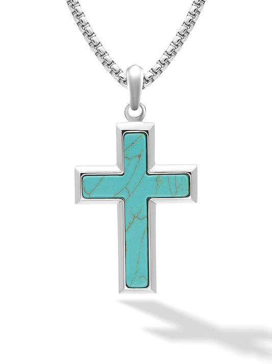 Turquoise cross pendant necklace for men on stainless steel chain
